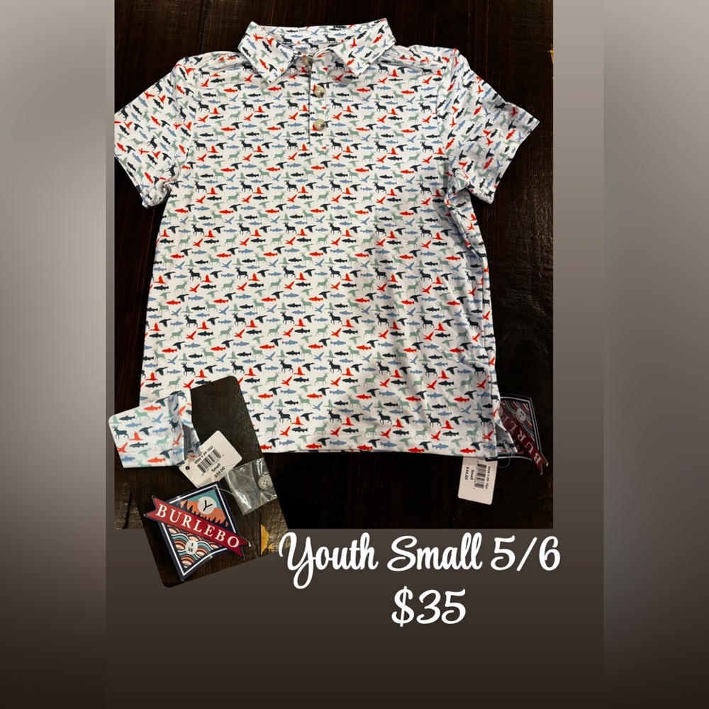 BURLEBO Kids Shark Pattern Polo - White, Blue, and Red